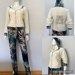 NWT WOMEN VELOUR‎ TRACKSUIT 2PC SET HOODED JACKET/PANTS LOUNGEWEAR ANIMAL PRINT